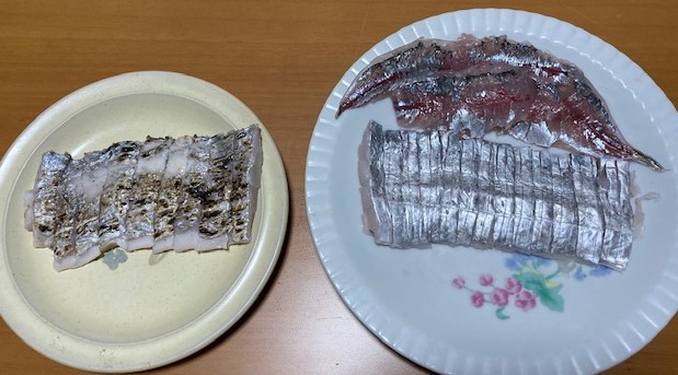 釣果の料理（アジと太刀魚の刺身、太刀魚の炙り）の写真